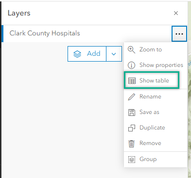 Options and Show table buttons