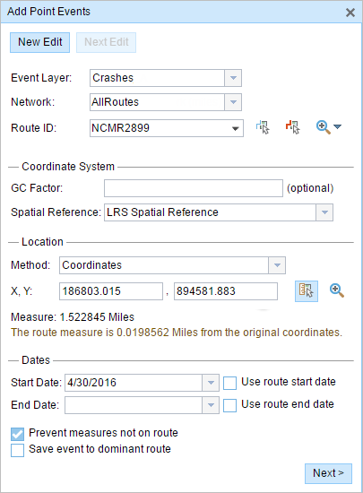 Add Point Events widget with coordinates